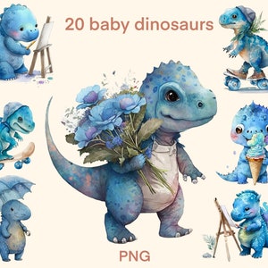 赤ちゃん恐竜のクリップアート 水彩 png、かわいい青い赤ちゃん恐竜のデジタルプリント、イラストセット、ステッカー、スクラップブック、ジャンクジャーナル、ペーパークラフト