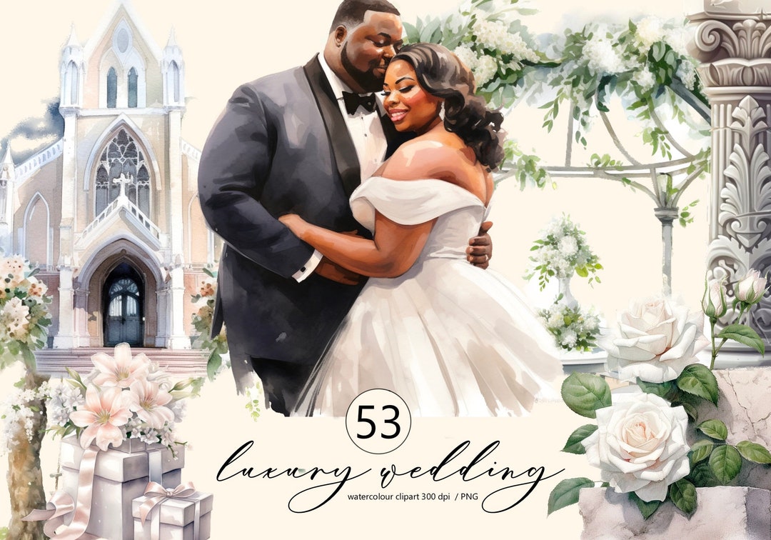 Wedding, Black Bride and Groom Clipart Watercolor, Digital Print