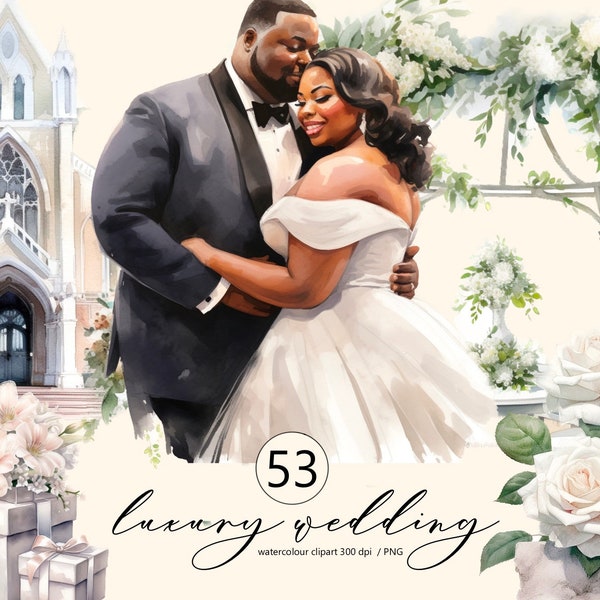 Wedding, black bride and groom clipart Watercolor, digital print, wedding illustration, African American wedding, Junk Journal