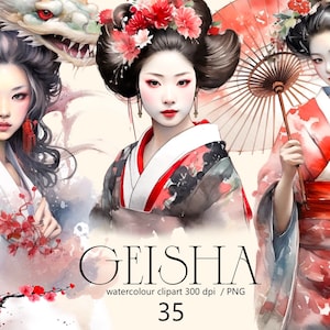 Geisha clipart Watercolor  png, digital print, illustration set, stickers, Scrapbook, Junk Journal, Paper Crafts