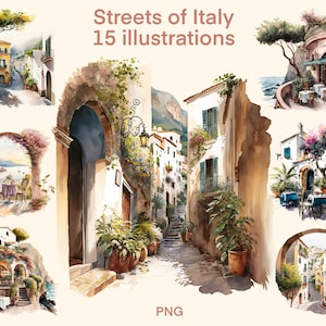 Streets of Italy Watercolor clipart, Italy digital print, illustration set, stickers, Scrapbook, Junk Journal, Paper Crafts