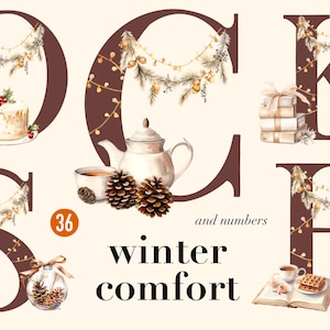 Winter comfort Alphabet Watercolor png, 26 letters and 10 numbers, digital print, illustration set, Scrapbook