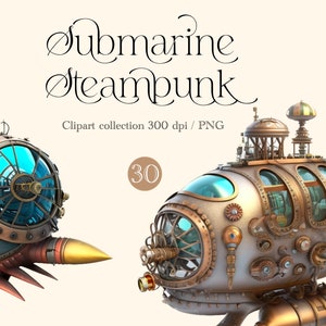 Submarine Steampunk clipart Watercolor  png, digital print, illustration set, stickers, Scrapbook, Junk Journal, Paper Crafts