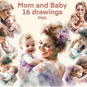 Mom and Baby clipart Watercolor, digital print, Family illustration set, stickers, Scrapbook, Junk Journal, Paper Crafts