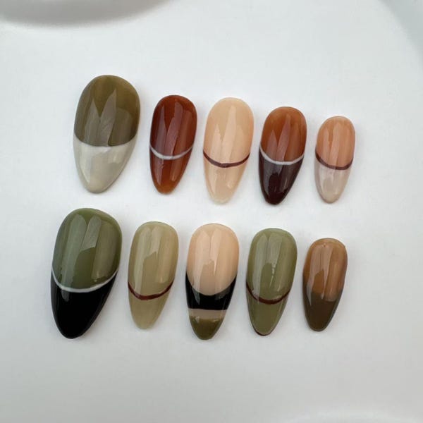 Unhas postiças artesanais em formato de amêndoa: francesinha em tons terrosos, unhas com glitter/unhas brilhantes/unhas marrons/unhas com estrelas/unhas para o outono/presente para ela