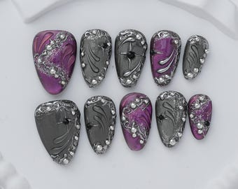 Purple Silver Gothic Press On Nails, 3D Metallic Nail Art
