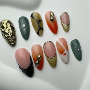 Handmade Press On Nails: Long Almond Y2K Style/fake nails/3D Floral Almond Press On Nails/Sparkle Nails/Brown Nails/Star Nails