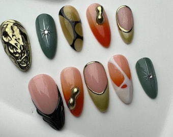 Handmade Press On Nails: Long Almond Y2K Style/fake nails/3D Floral Almond Press On Nails/Sparkle Nails/Brown Nails/Star Nails