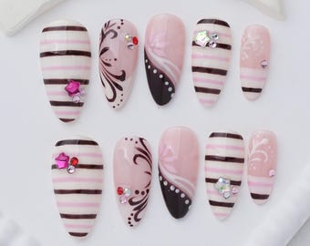 Pink Brown Striped Press On Nails, Y2K Rhinestone Almond Nails