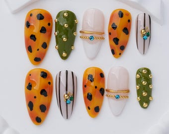Orange Leopard Print Press On Nails, Green Gold 3D Almond Nails