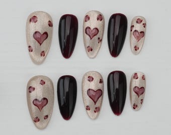 Handgemaakte hartjes op nagels, kattenoogkleur, feestnagels