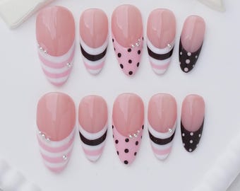 Pink Black Striped French Tip Press-On Nails, Polka Dot Rhinestone Set (Almond)