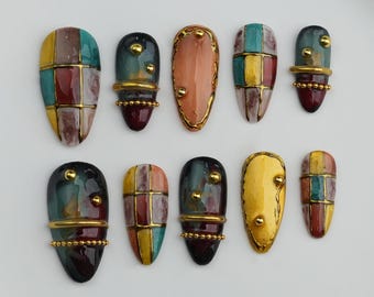 Handmade Striped Press On Nails: 3D Gold Chrome, Cat Eye Design、gift for her