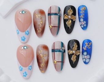 Blue Cross Press On Nails, Gold Foil Plaid Nails, Y2K Almond Nail Art
