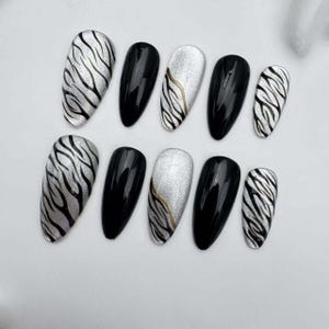 Handmade Press On Nails: Black & Silver Almond Long Nails