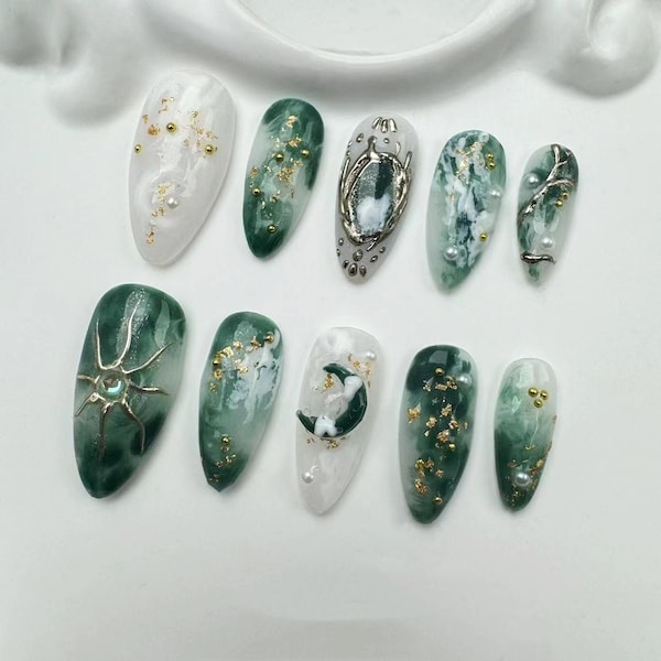 Handmade Green Marble Press On Nails: Gold Flakes, Almond Long NailsGlitter Nails/Sparkle Nails/Brown Nails/Star Nails/gift for her