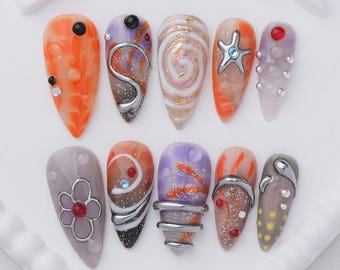 Y2K Orange Purple Press On Nails, 3D Silver Star Nails