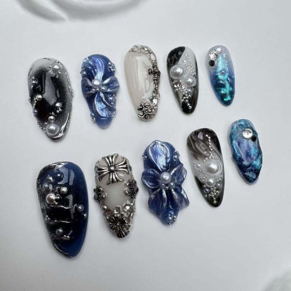 3D Flower Press On Nails: Long Almond Japanese NailsGlitter Nails/Sparkle Nails/Brown Nails/Star Nails/3D Gold Chrome nail/Fall Nails