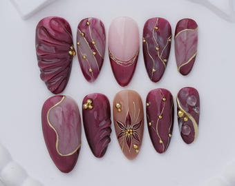 Mauve 3D Floral Press On Nails, Pink Gold French Tips, Elegant Handmade Nail Art