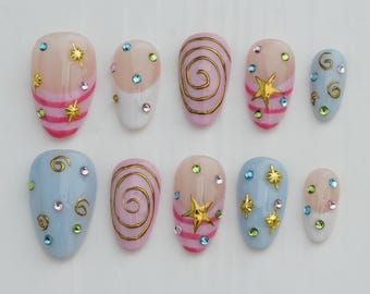 Handgemaakte Magical Princess Press On Nails, custom gelnagelkunst