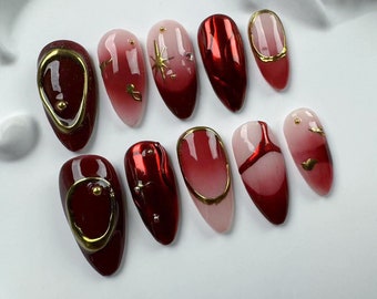 Handmade Red Flake Press On Nails: Japanese Almond Long Nails/Brown Nails/Star Nails/3D Gold Chrome nail/Fall Nails/gift for her