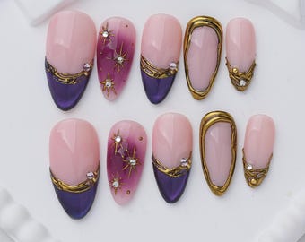 Purple Celestial Press On Nails, Gold Star Nails, 3D French Tip Nail Art