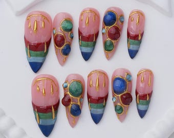 Colorful Gemstone Press-On Nails, Gold Chrome Y2K Almond Style