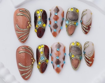 Handmade Gemstone Press-On Nails, Retro Gold, Orange Brown (Customizable)