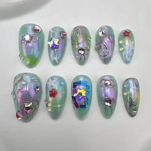 Custom Press On Nails: Iridescent Star Flakes, Handmade