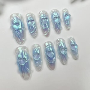 Custom Press On Nails: Iridescent Heart Flakes, Japanese Accent Nails