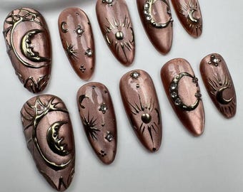 Ongles à presser oeil de chat : ongles longs amande célestes Presse amande florale 3D sur les ongles/ongles scintillants/ongles scintillants/ongles bruns