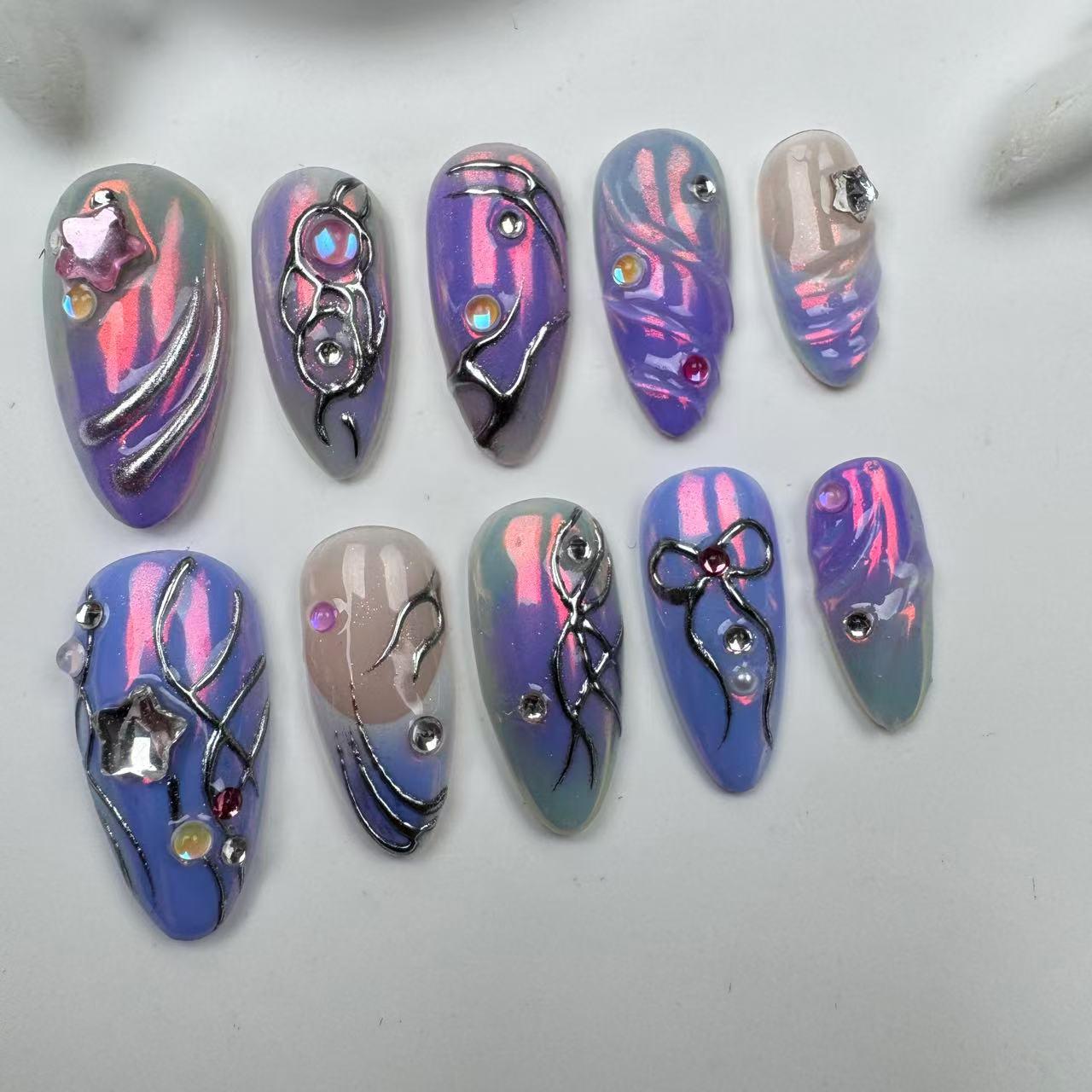 Hand Drawn Press On Nails: Y2K Almond Long Nails/Custom Party Nails/Glitter  Nails/Sparkle Nails/Fall Nails/gift for her/