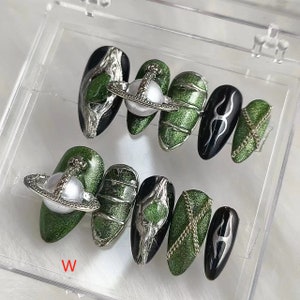 Custom Press On Nails: Green Black Almond Long Nails, Y2K Style