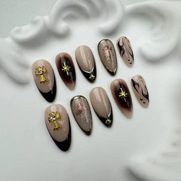 Custom Press On Nails/Glitter Nails/Sparkle Nails/Brown Nails/Star Nails/3D Gold Chrome nail/Fall Nails/gift for her
