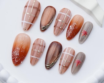 Fall Plaid Press On Nails, Brown Cat Eye Maple Leaf Nails