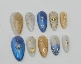 Cat Eye Almond Press On Nails: Celestial Party Gel Nail Art