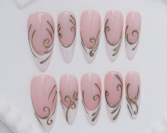 Pink Black Striped French Tip Press-On Nails, Polka Dot Rhinestone Set (Almond)