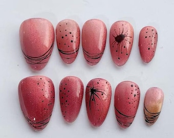 Rose Pink Shimmer Press On Nails, Black Abstract Line Nail Art