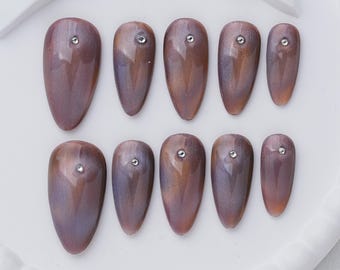 Mauve Brown Cat Eye Press On Nails, Magnetic Rhinestone Nails