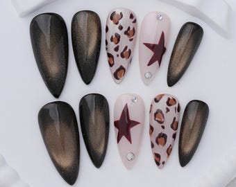 Cat Eye Leopard Star Press-On Nails, Magnetic Velvet Rhinestone Almond Fake Nails