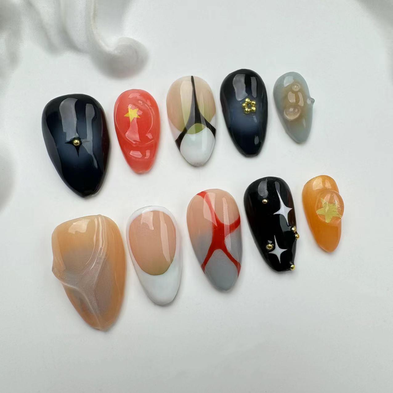 Custom Press on Nails: Japanese Almond Nail Art, Y2K Style3d