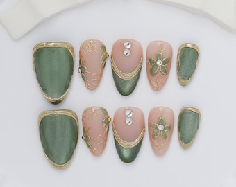 Sage Green Press On Nails, Gold Floral Nails,Elegant 3D Flower Handmade Nail Set