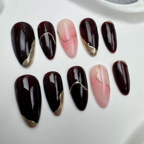 Handmade Cherry Bow Press On Nails: Custom Gel Faux Acrylic Nails/Glitter Nails/Sparkle Nails/Brown Nails/Star Nails/3D Gold Chrome nail