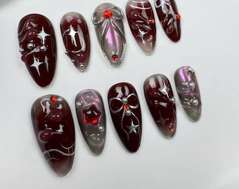 Custom Press On Nails: Long Almond Y2K Style, Party Wedding NailsBrown Nails/Star Nails/3D Gold Chrome nail/Fall Nails/fake nails