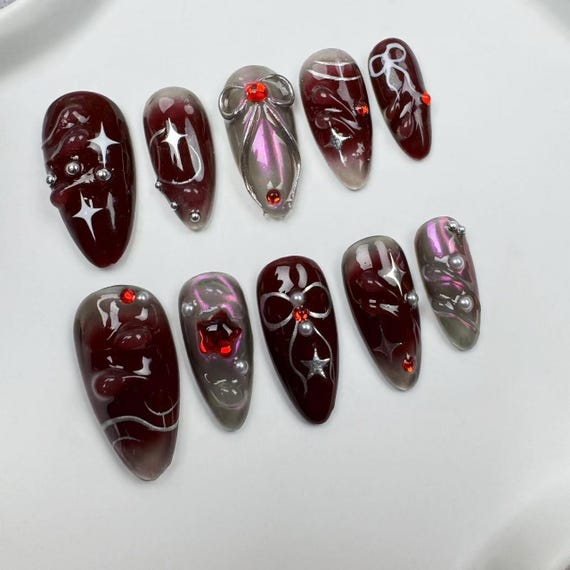 Custom Press On Nails: Long Almond Y2K Style, Party Wedding NailsBrown Nails/Star Nails/3D Gold Chrome nail/Fall Nails/fake nails