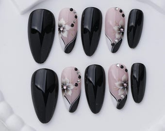 Black Floral Press On Nails, Pink Flower Nails,Elegant Almond Nail Art