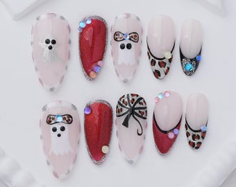 Spooky Ghost Press-On Nails, Red Glitter Leopard, Customizable Sizes