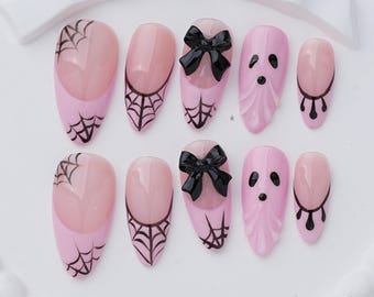 Pink Brown Striped Press On Nails, Y2K Rhinestone Almond Nails