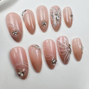Handmade Almond Press On Nails: Japanese Flake Design, Wedding Nails