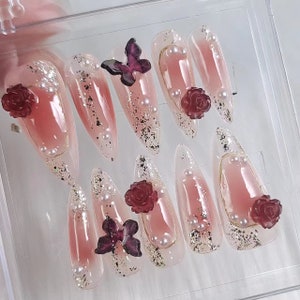 Custom Press On Nails: Rose & Butterfly Flake Accent Nails